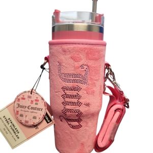 NWT Juicy Couture Pink Stainless Steel 30oz Tumbler W/Crossbody Strap And Topper